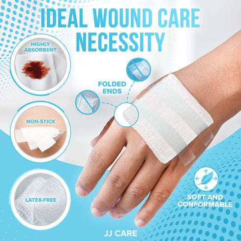 JJ CARE Sterile Gauze Pads (Pack of 100), 12-Ply Cotton Gauze Pads, Individually-Wrapped Sterile Gauze Sponges, 100% Woven, Non-Stick Medical Gauze Pads for First Aid Kit & Wound Care