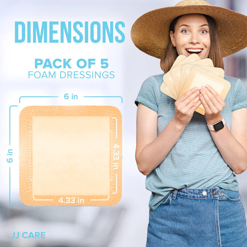 JJ CARE Silicone Foam Dressing 6x6 Inch - (Pack of 5, 10)