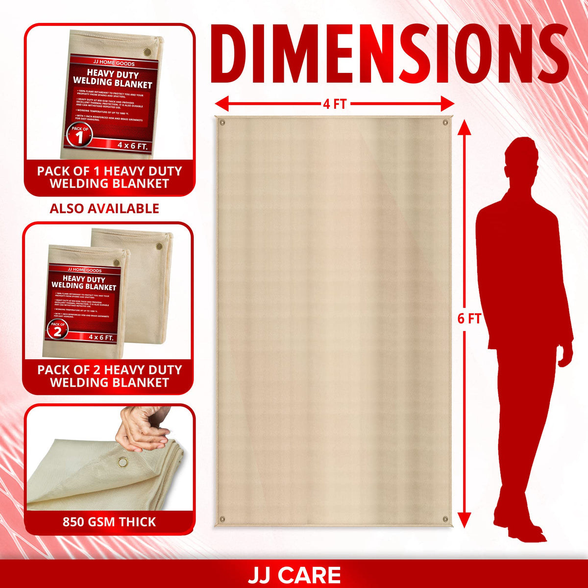 JJ CARE Welding Blanket - 1 Pack 4ft x 6ft Welding Mat - 850GSM Fiberg ...