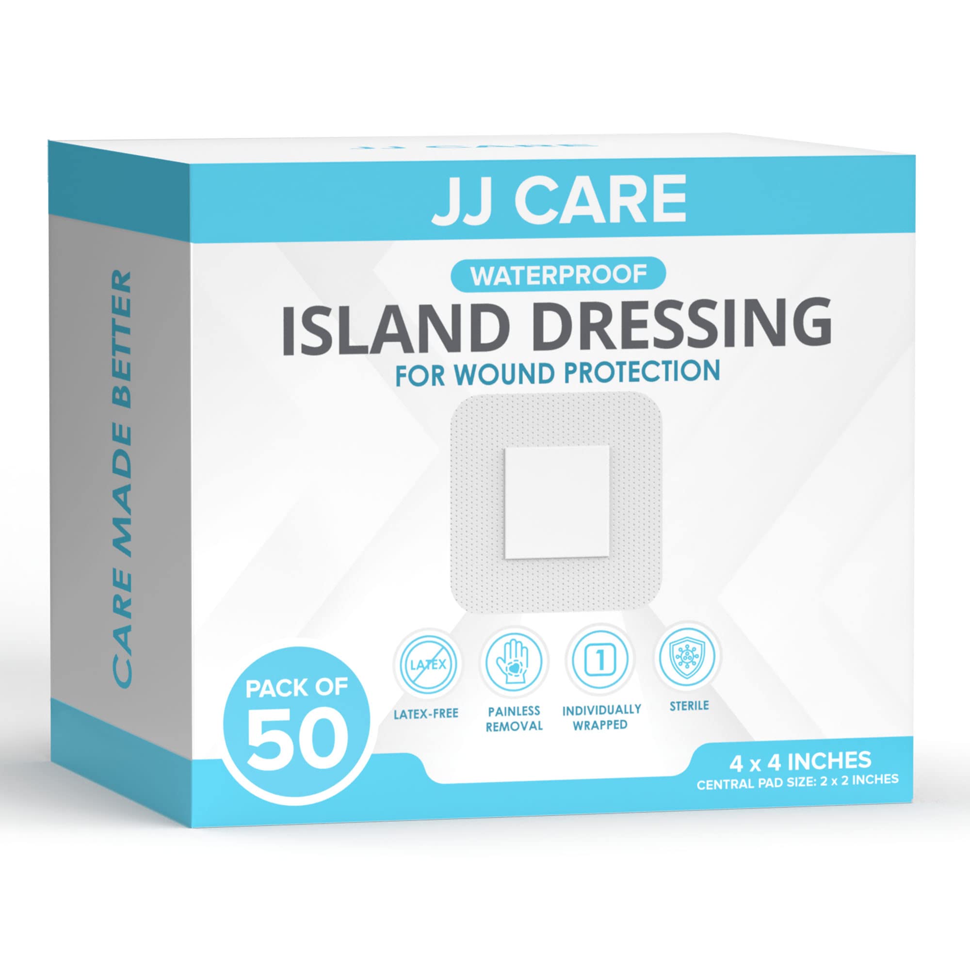 JJ CARE [Pack of 50] Waterproof Adhesive Island Dressing 4” x 4”, Sterile  Wound Dressing, Breathable Bordered Gauze Pads, Individually Wrapped, Latex  