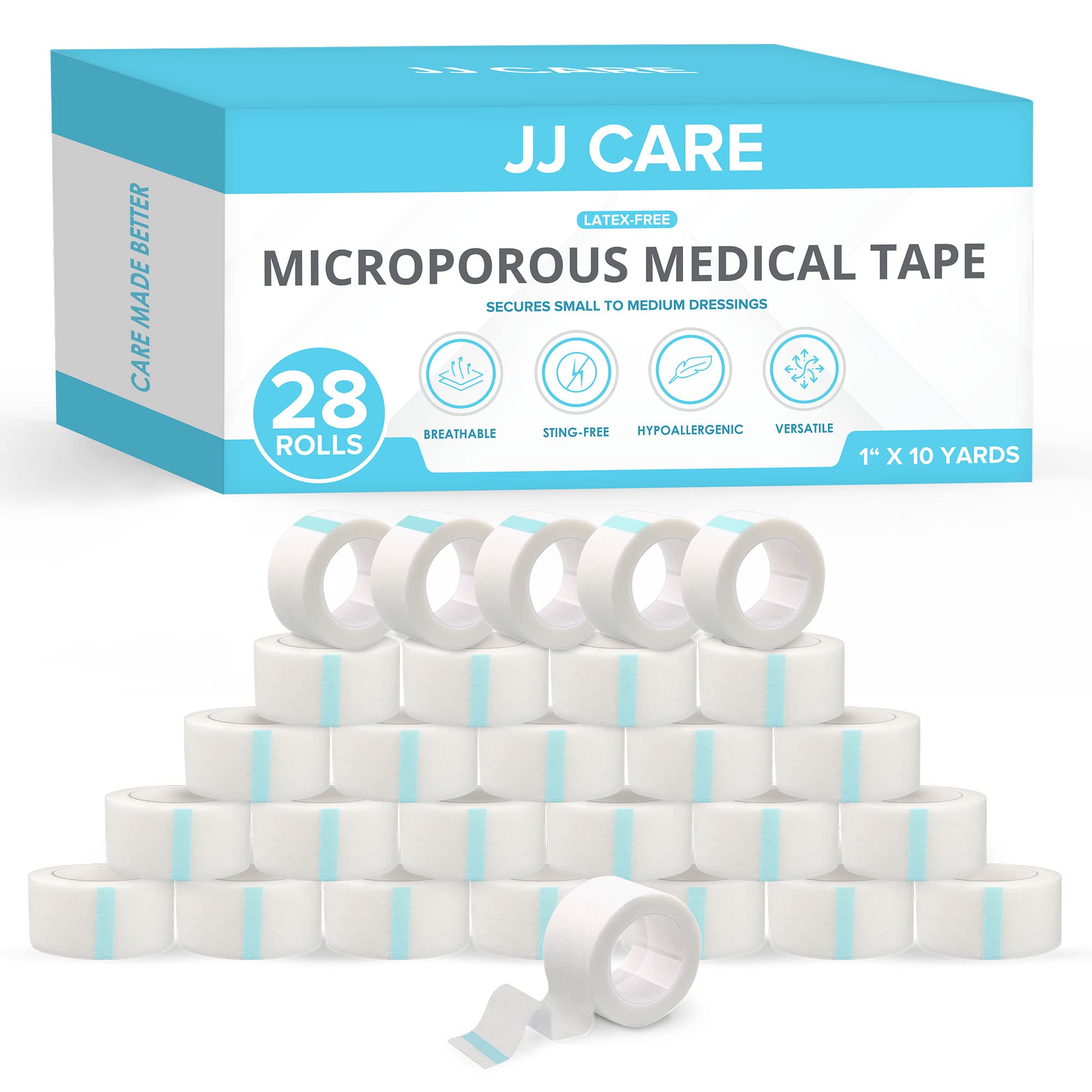 JJ CARE Micropore Tape 1” x 10 Yards - Breathable Paper Tape Medical Use,  Latex-Free Paper Surgical Tape, Individually Boxed Paper Bandage Tape Rolls